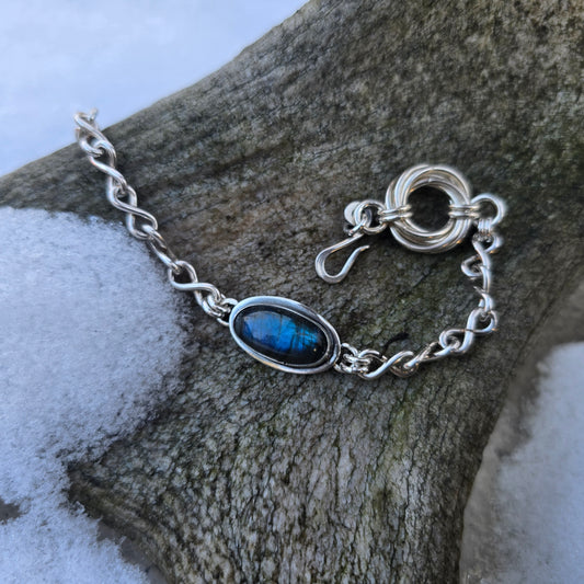 angled view of sterling silver chain bracelet with labradorite and infinity links