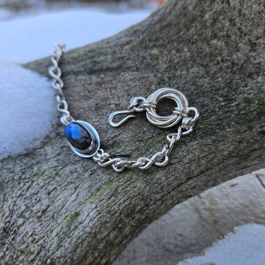 close-up of blue flash labradorite and knot detail on sterling silver bracelet