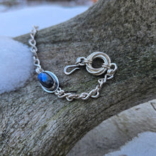 Load image into Gallery viewer, close-up of blue flash labradorite and knot detail on sterling silver bracelet
