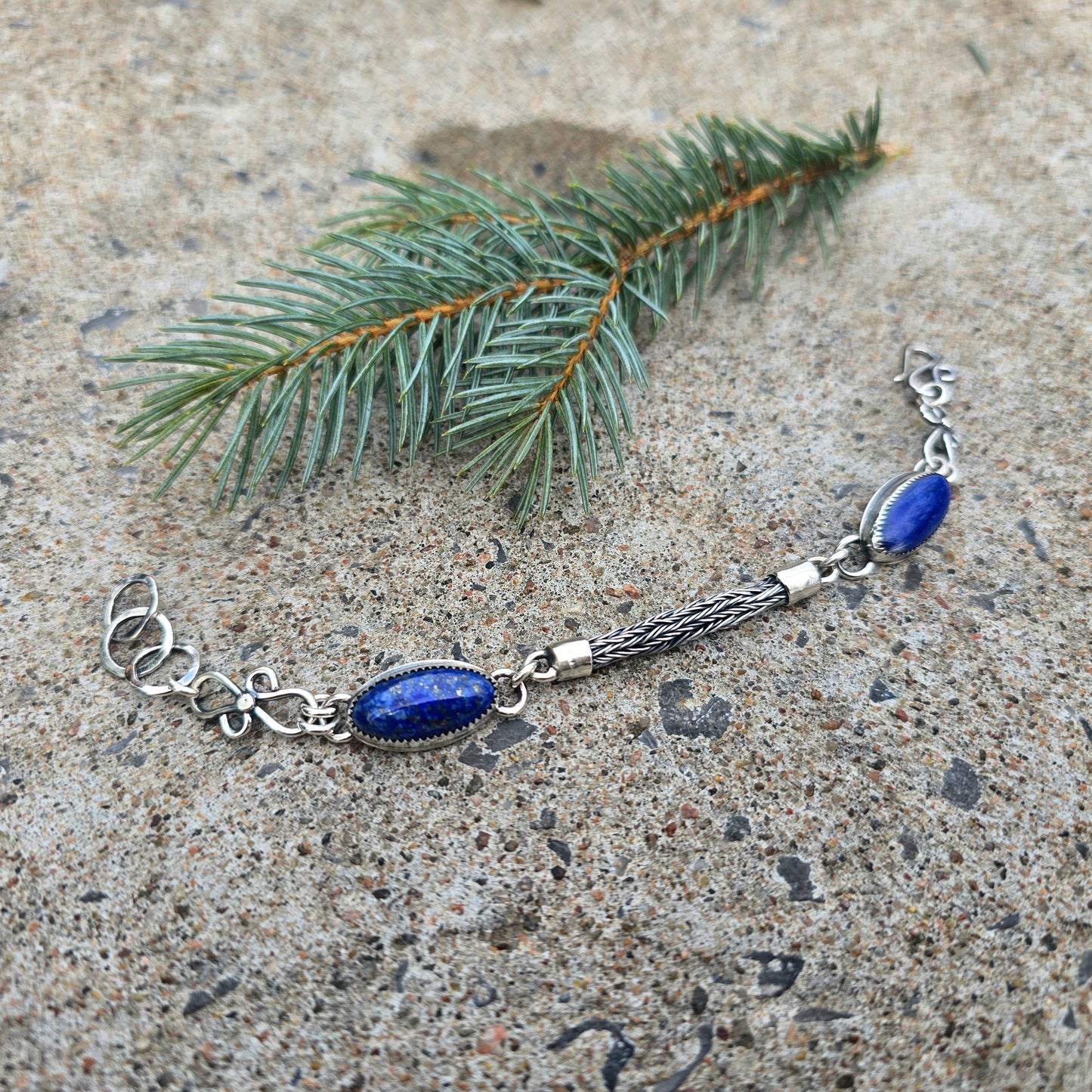 Handwoven Sterling Silver & Lapis Lazuli Chain Link Bracelet | Collector Works