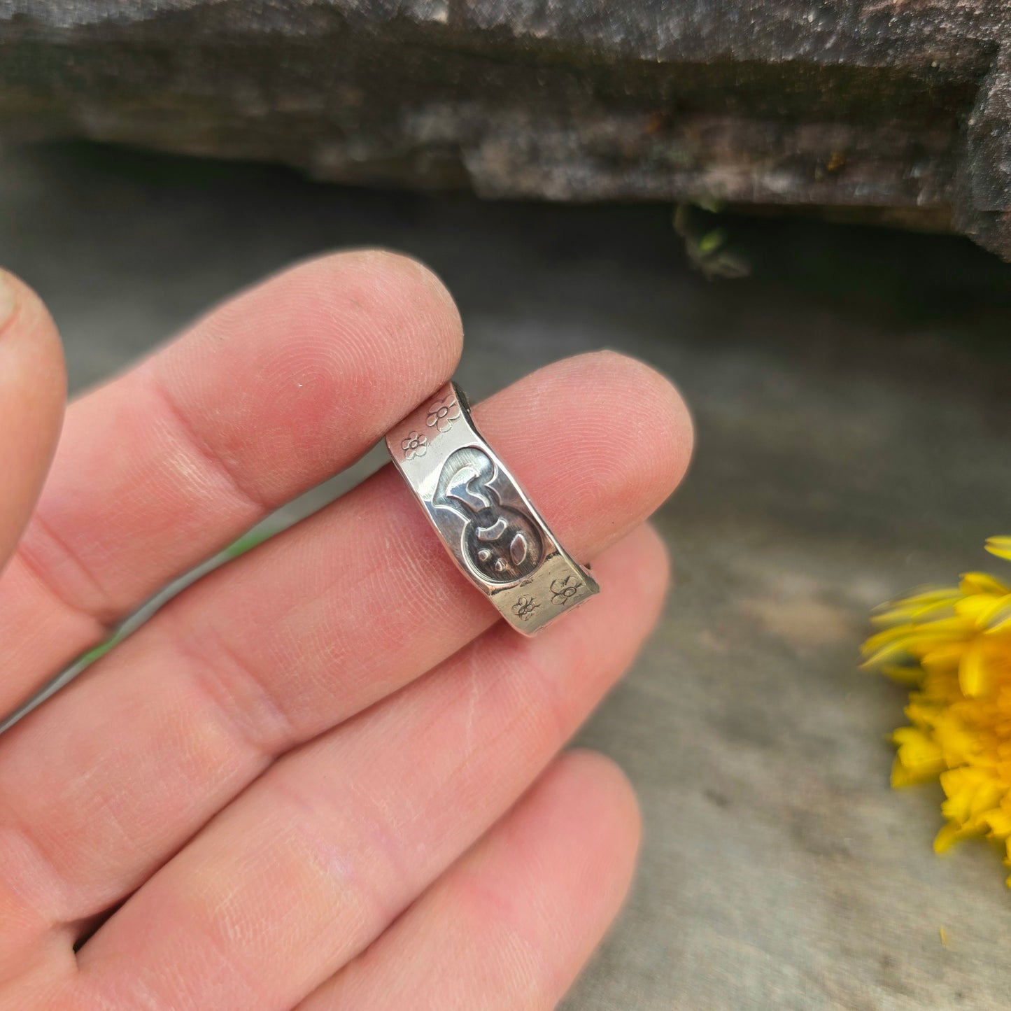 Hand-Forged Heart, Peace Sign, and Flower Sterling Silver Band Ring