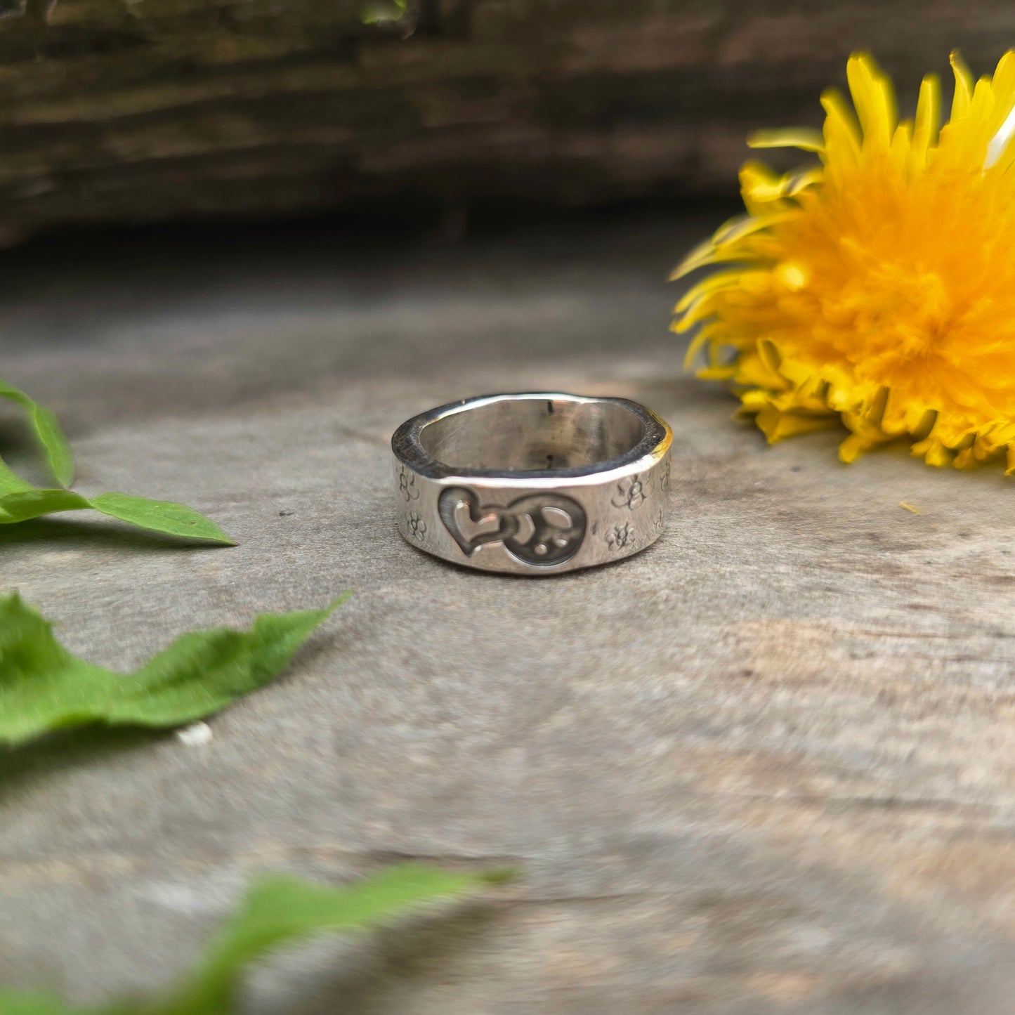 Hand-Forged Heart, Peace Sign, and Flower Sterling Silver Band Ring