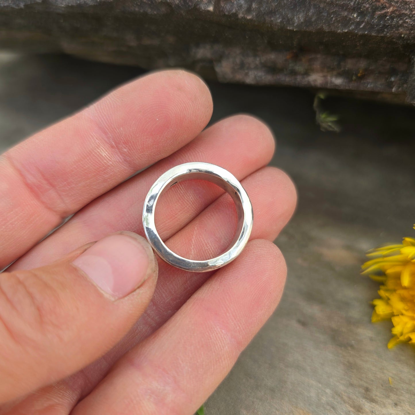 Hand-Forged Heart, Peace Sign, and Flower Sterling Silver Band Ring