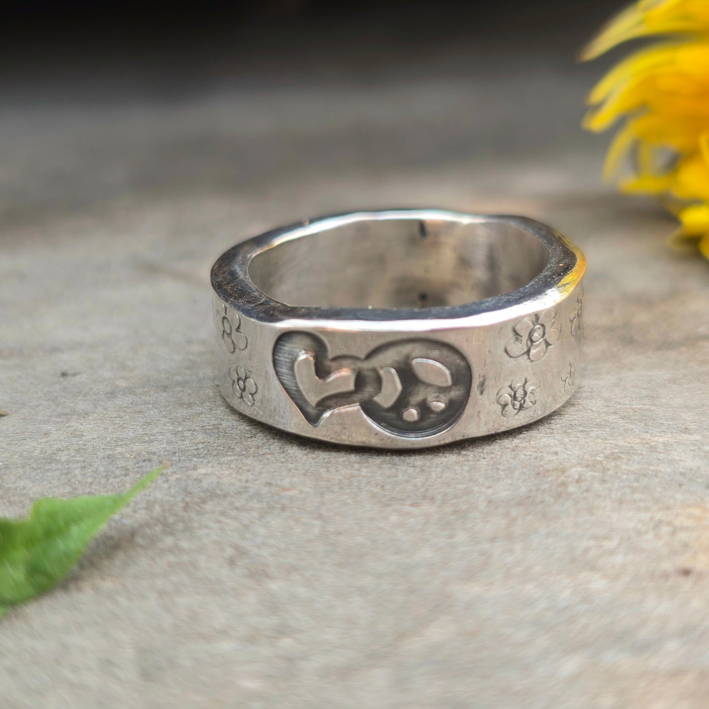 Hand-Forged Heart, Peace Sign, and Flower Sterling Silver Band Ring