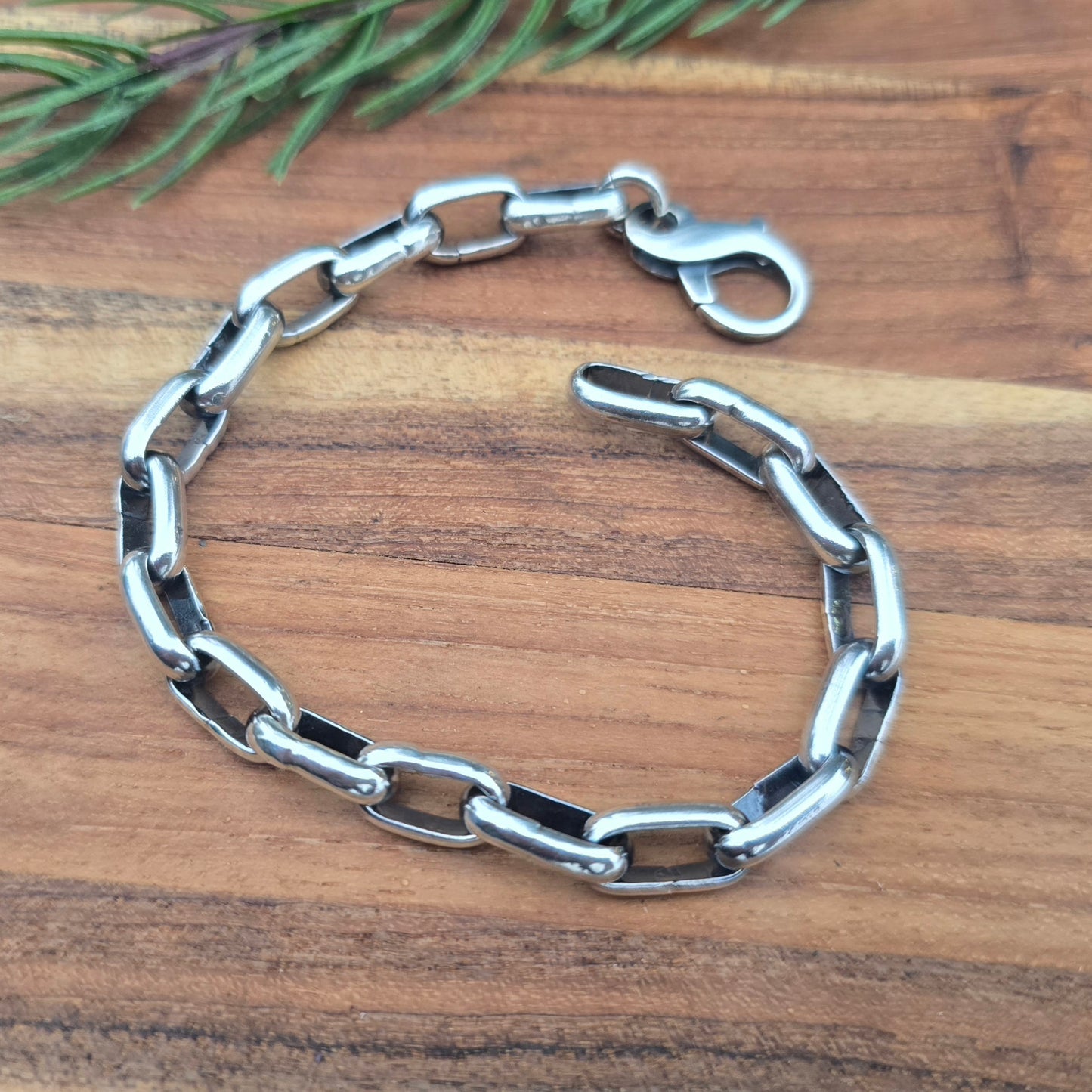 Heavy oxidized sterling silver half round paperclip link bracelet