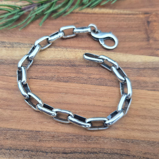 Heavy oxidized sterling silver half round paperclip link bracelet
