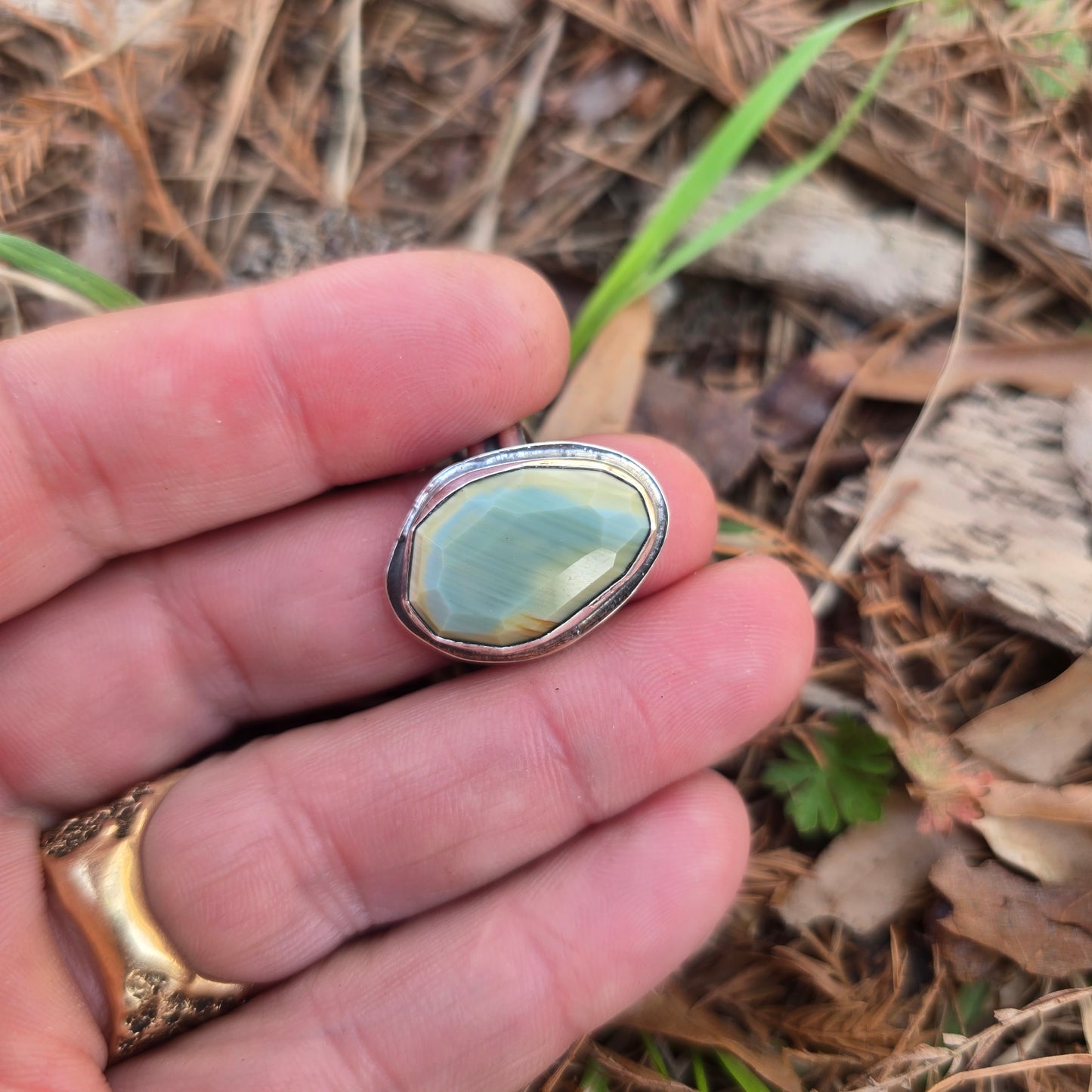 Freeform Green Imperial Jasper Ring in Hand-Forged Sterling Silver – Size 6