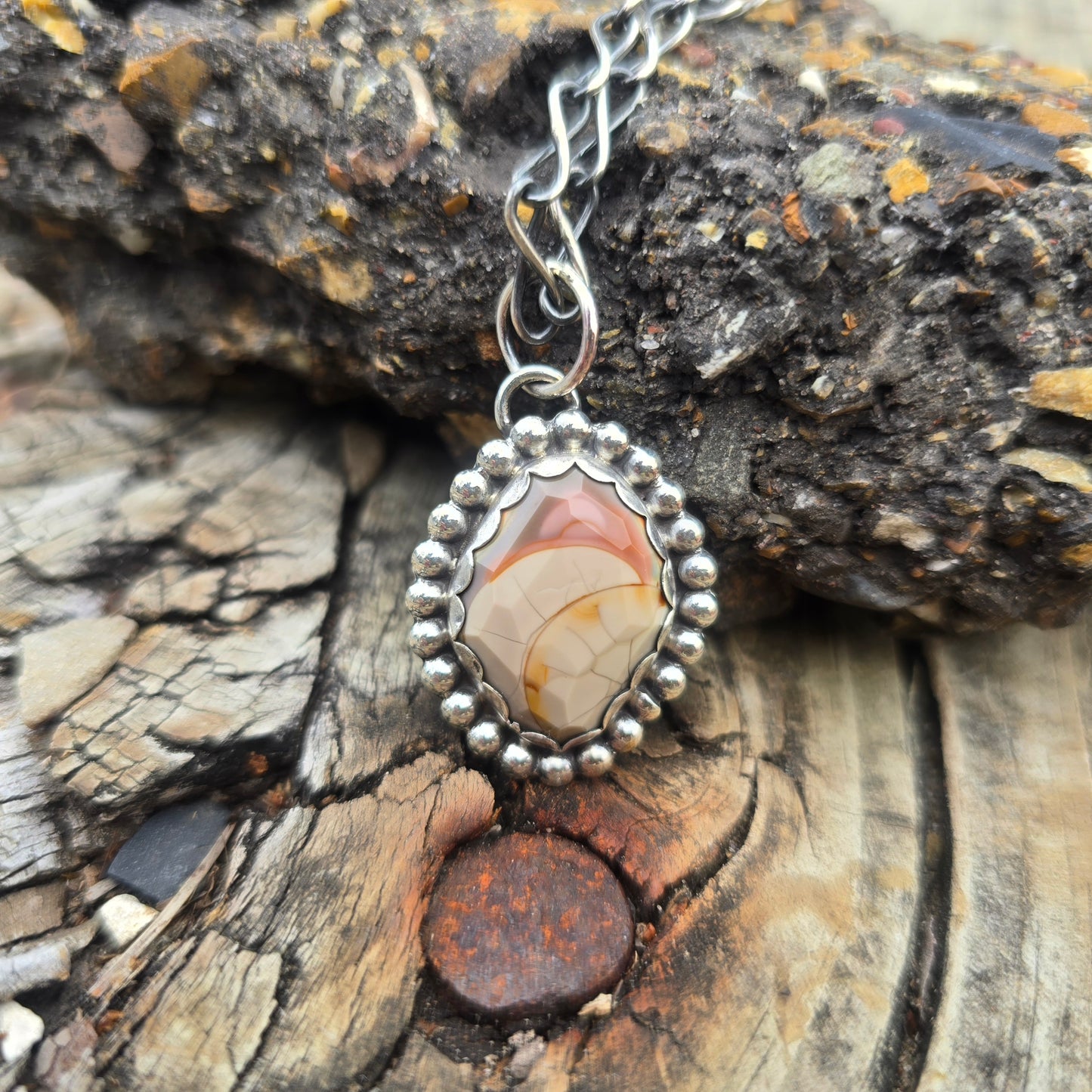 Imperial Jasper Pendant with Beaded Border in Sterling Silver