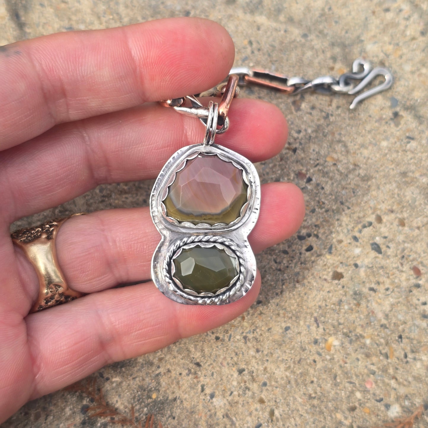 Hand-Forged Jasper Double Stone Sterling Silver Pendant