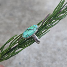 Load image into Gallery viewer, Detail of Kingman turquoise set in minimalist sterling silver ring
