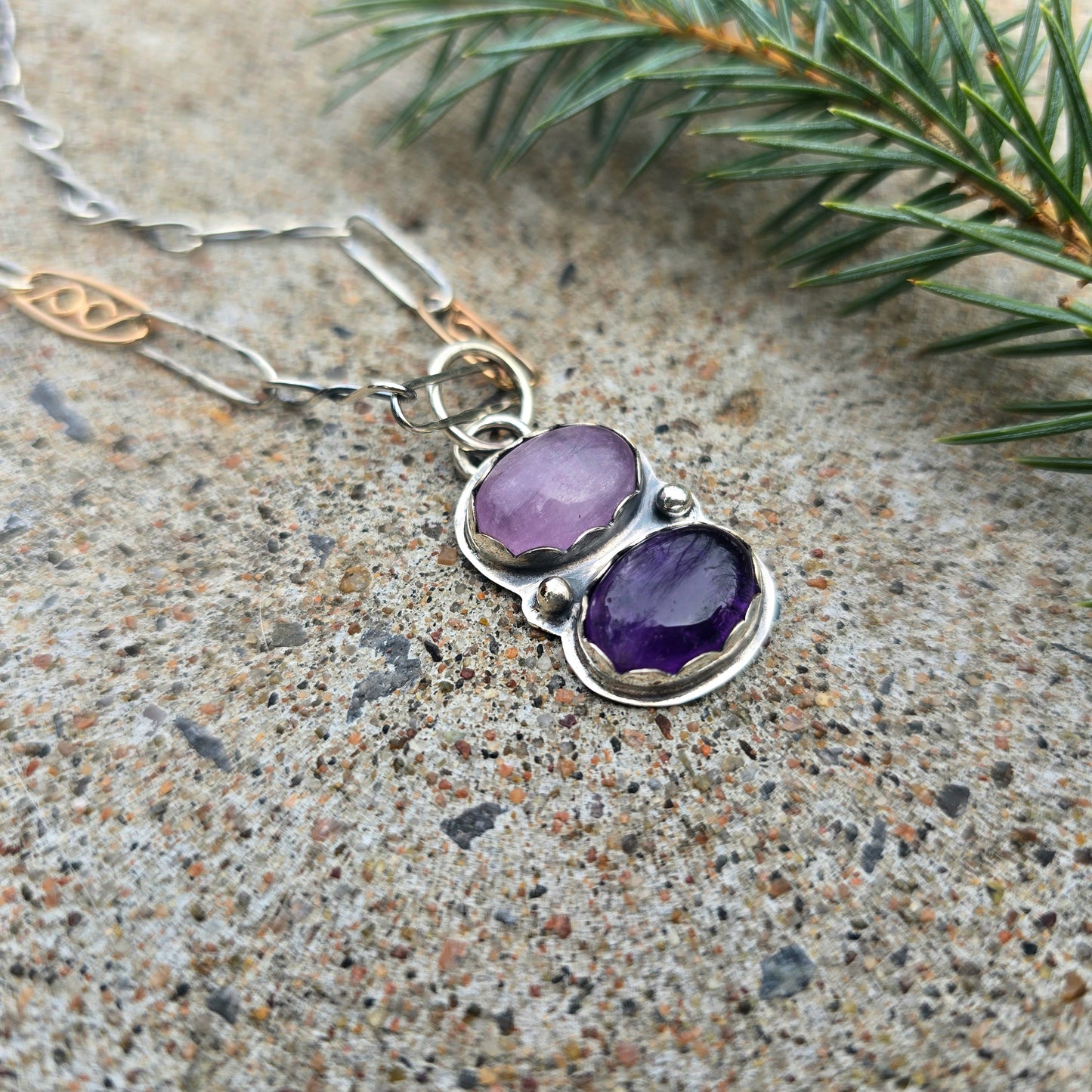 Kunzite & Amethyst Pendant in Hand-Forged Sterling Silver