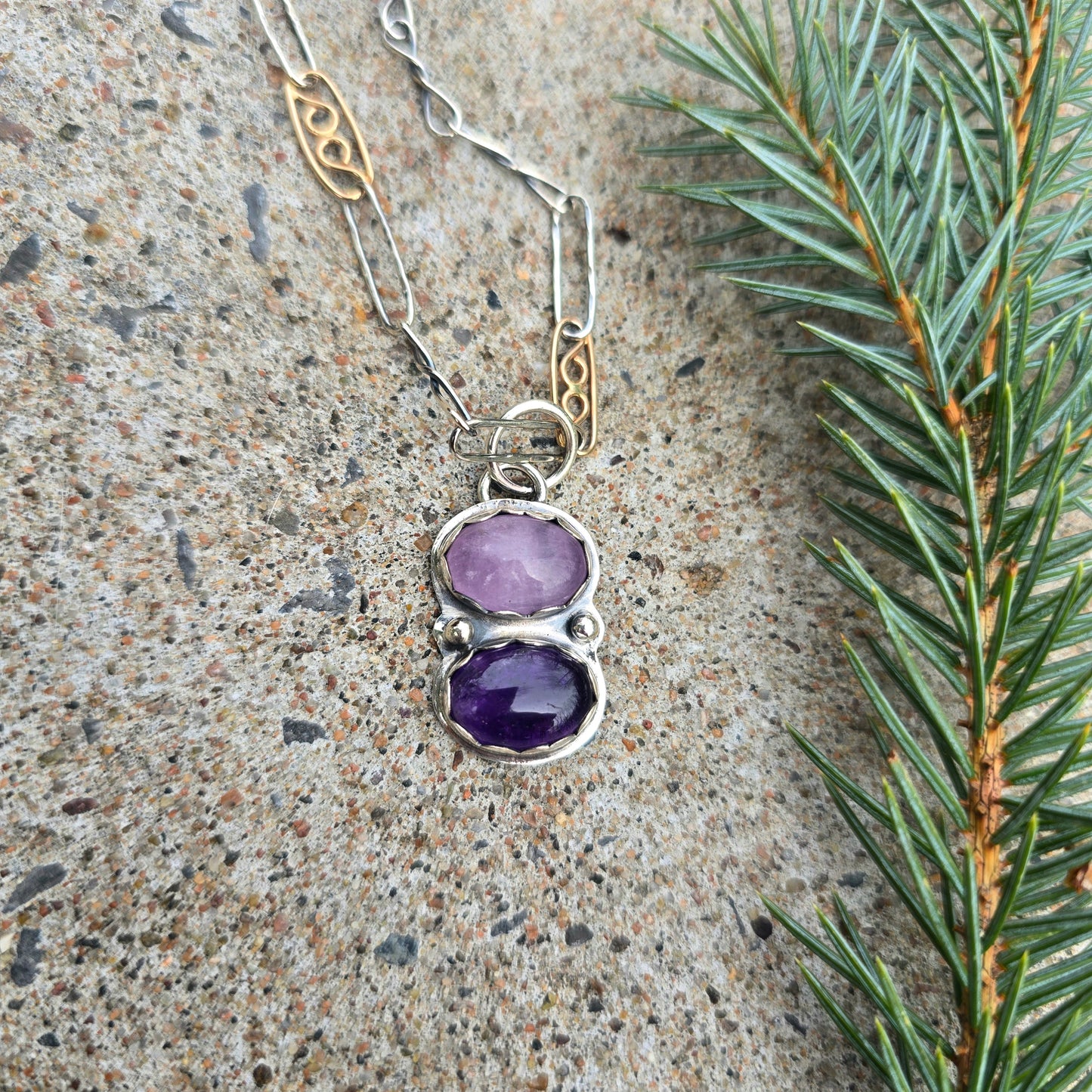 Kunzite & Amethyst Pendant in Hand-Forged Sterling Silver