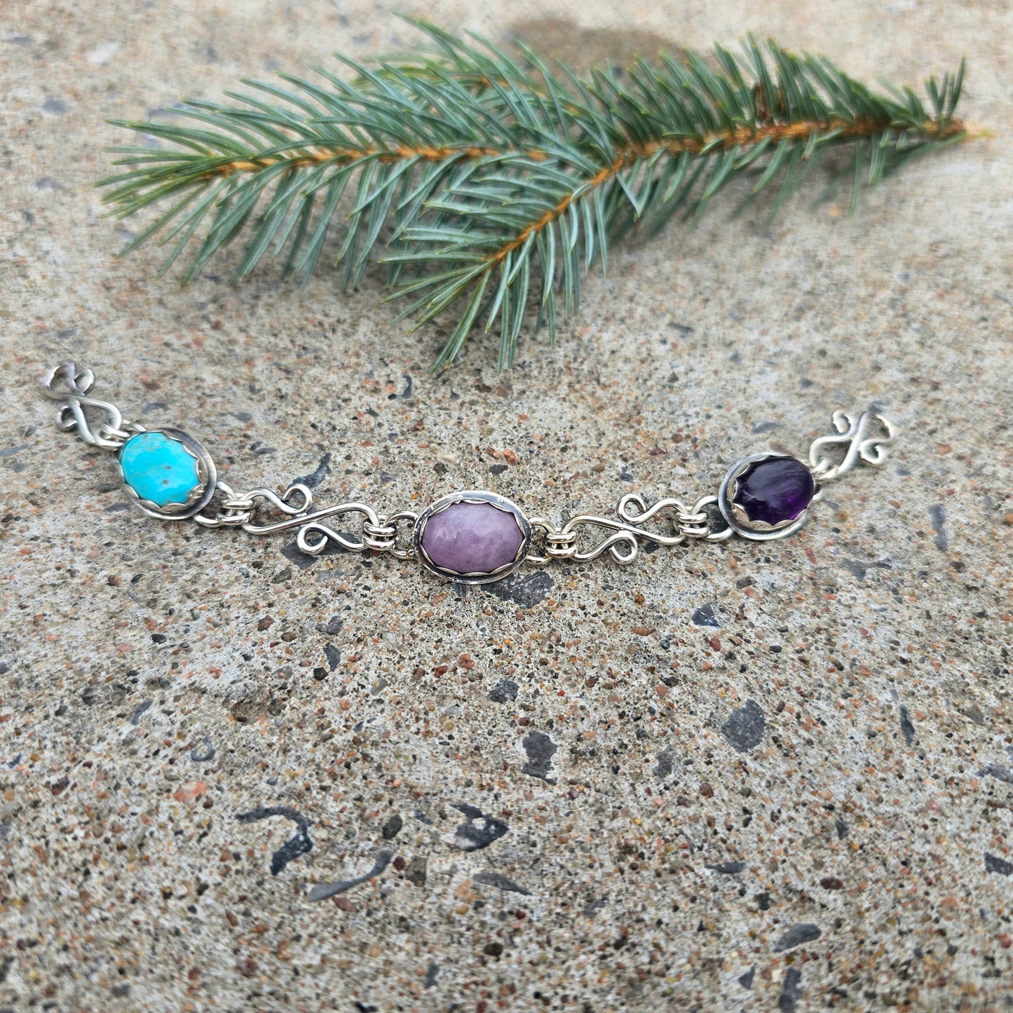 Amethyst, Turquoise & Kunzite Chain Link Bracelet — One-of-a-Kind Bench-Forged Sterling Silver