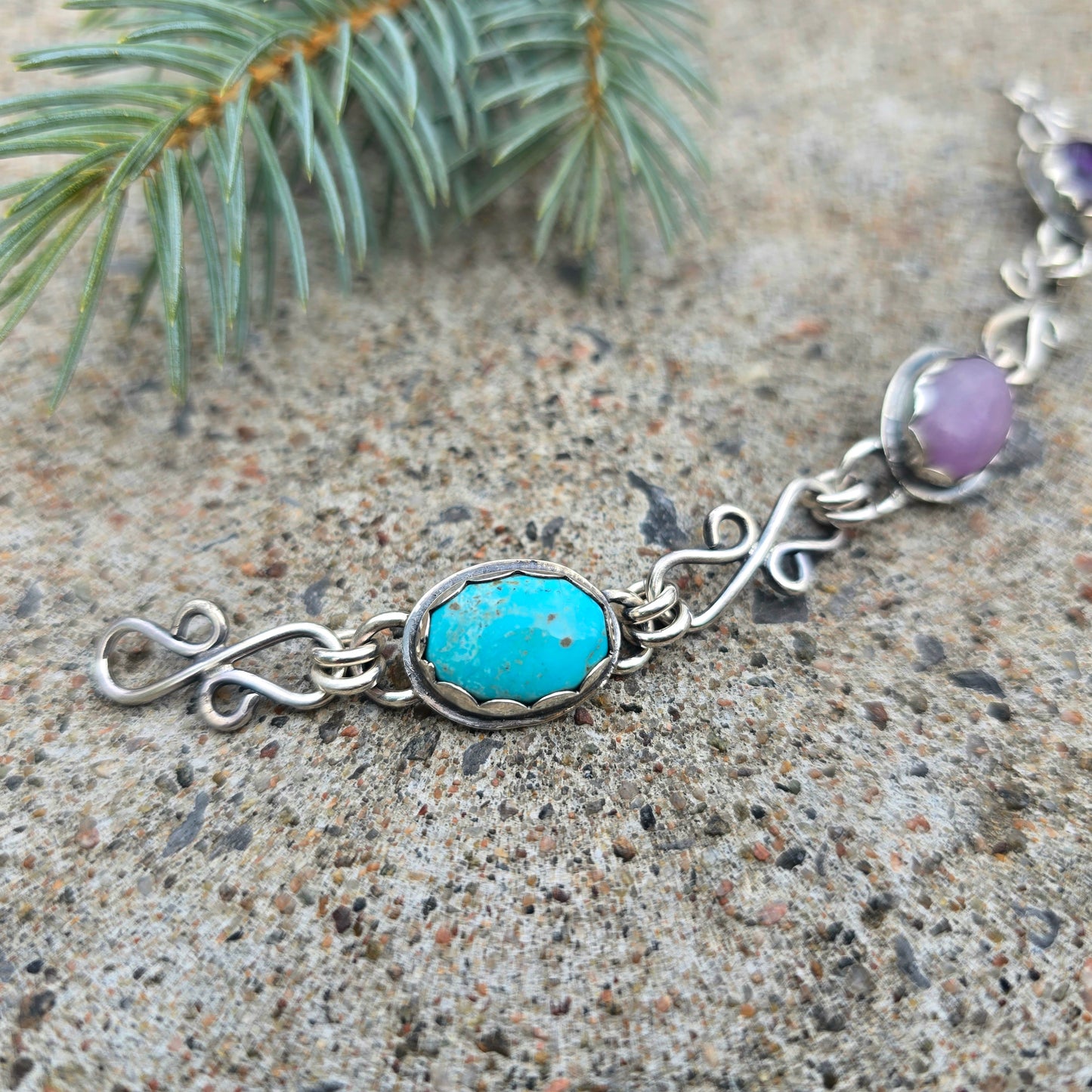 Amethyst, Turquoise & Kunzite Chain Link Bracelet — One-of-a-Kind Bench-Forged Sterling Silver