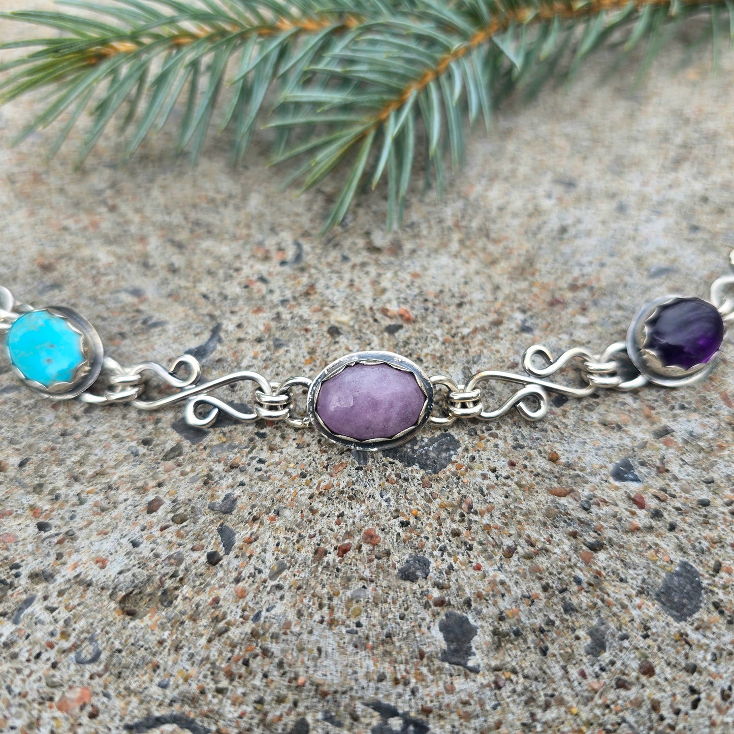 Amethyst, Turquoise & Kunzite Chain Link Bracelet — One-of-a-Kind Bench-Forged Sterling Silver