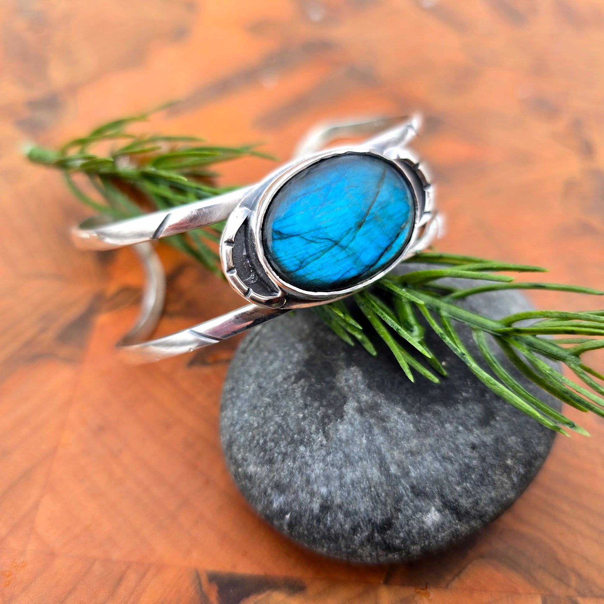 Geometric blue flash labradorite cuff bracelet in sterling silver