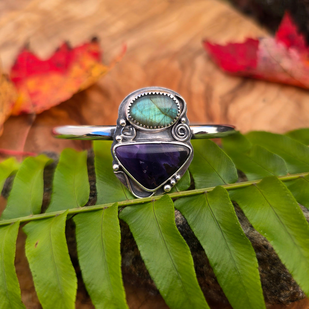 Labradorite and Purple Tiffany Jasper Cuff Bracelet
