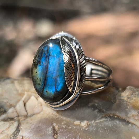 Blue Labradorite & Feather Ring (One of a Kind) — Size 11