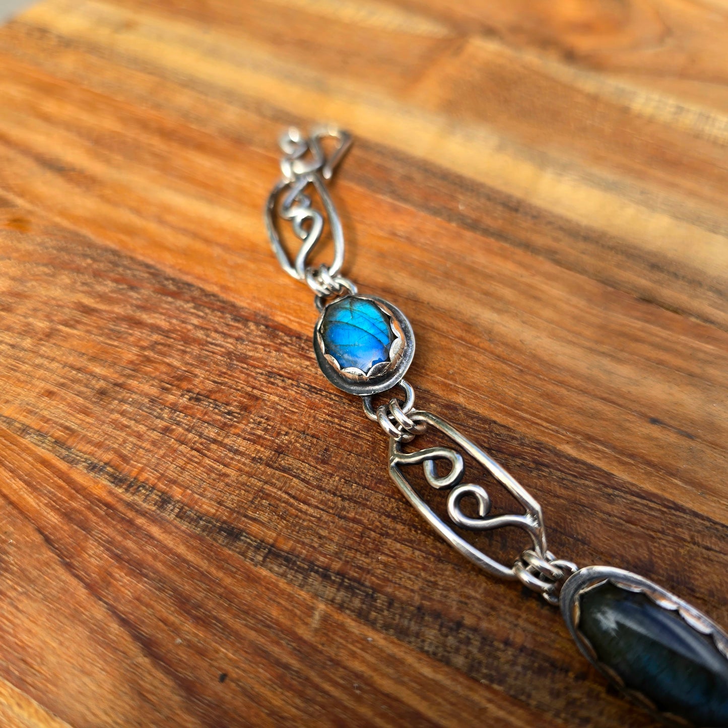 Blue Flash Labradorite Chain Link Bracelet — One-of-a-Kind Bench-Forged Sterling Silver
