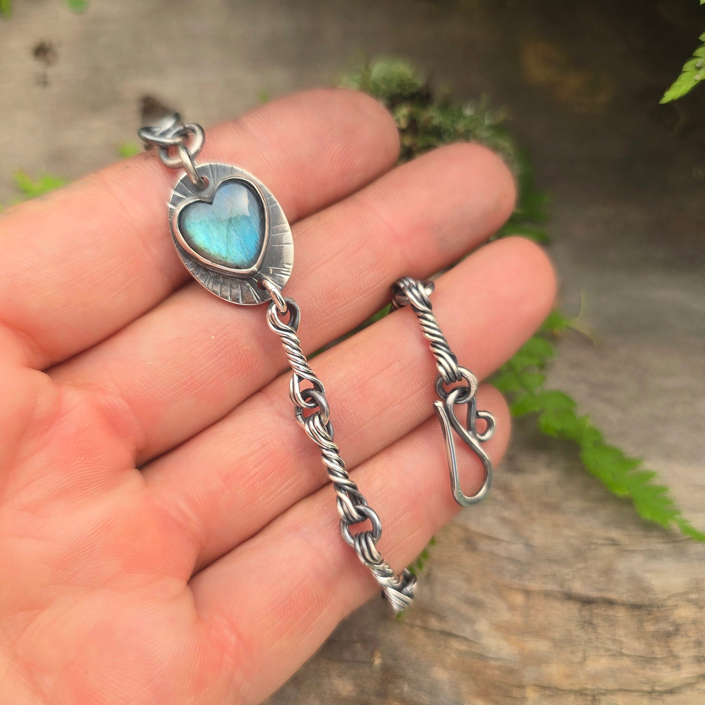 Heart Labradorite Triple Twisted Link Hand-Forged Sterling Silver Bracelet