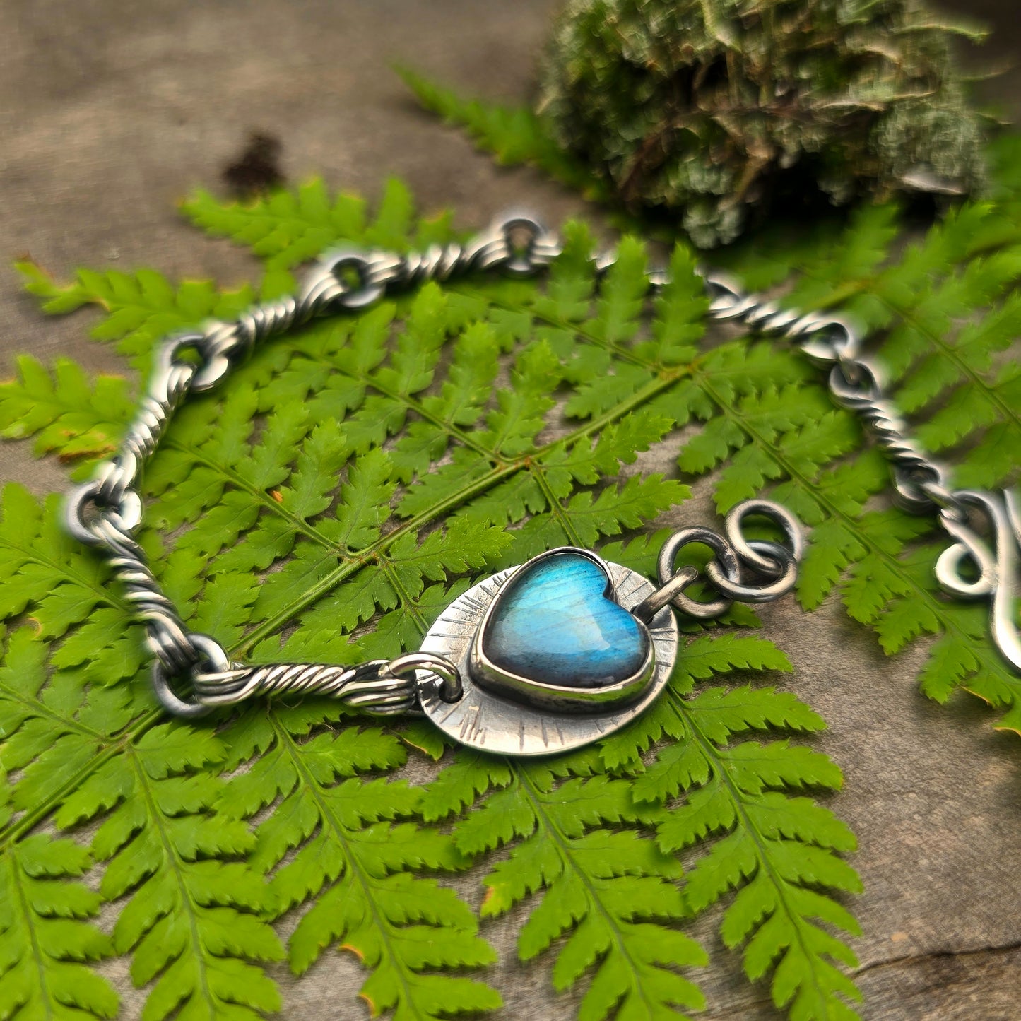 Heart Labradorite Triple Twisted Link Hand-Forged Sterling Silver Bracelet