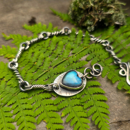 Heart Labradorite Triple Twisted Link Hand-Forged Sterling Silver Bracelet