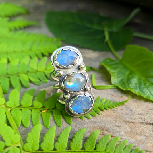 One-of-a-Kind Blue Flash Labradorite Triple Band Ring — Horizontal Three-Stone Design