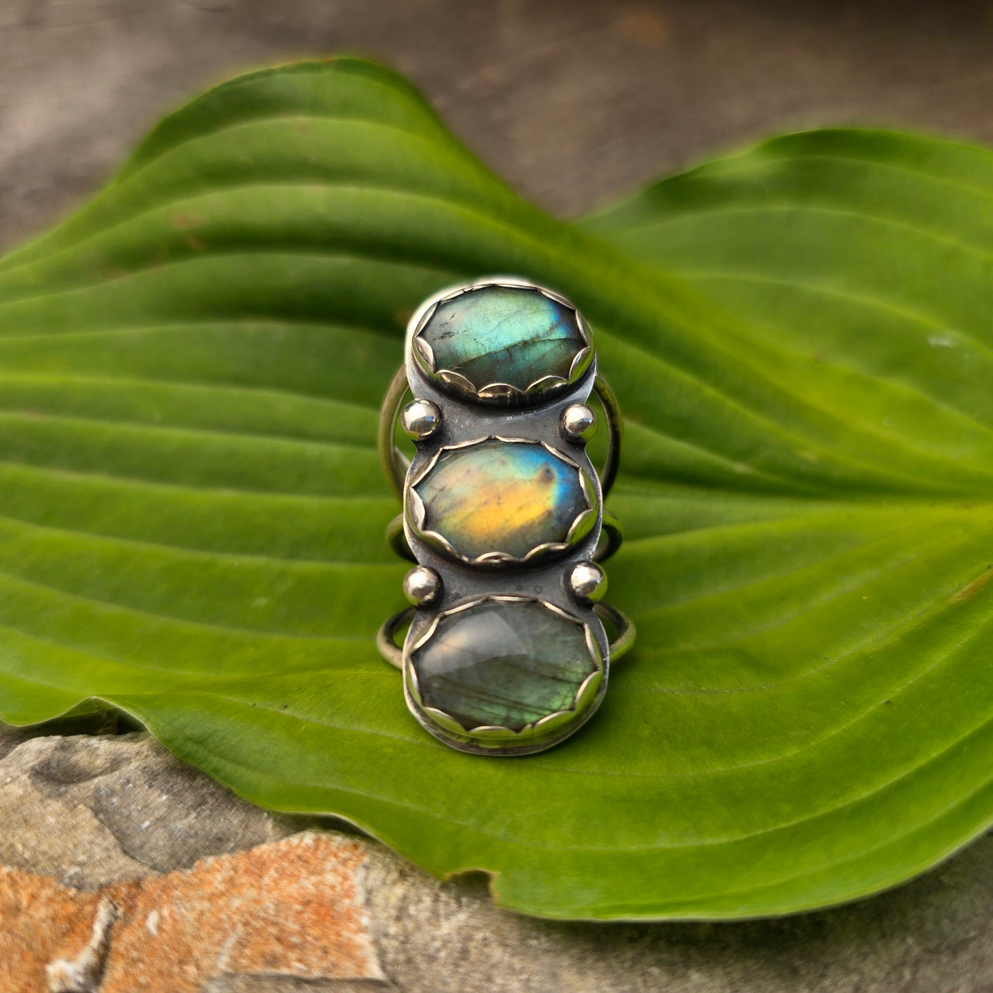 Multi-Color Labradorite Stacked Ring — One-of-a-Kind Sterling Silver Statement
