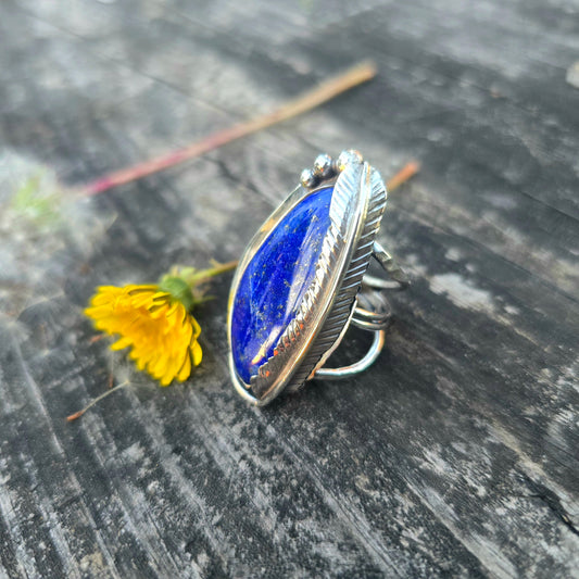 Freeform Lapis Lazuli Feather Statement Ring in Hand-Forged Sterling Silver – Size 6.75