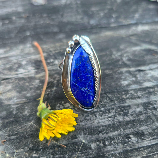 Freeform Lapis Lazuli Feather Statement Ring in Hand-Forged Sterling Silver – Size 6.75