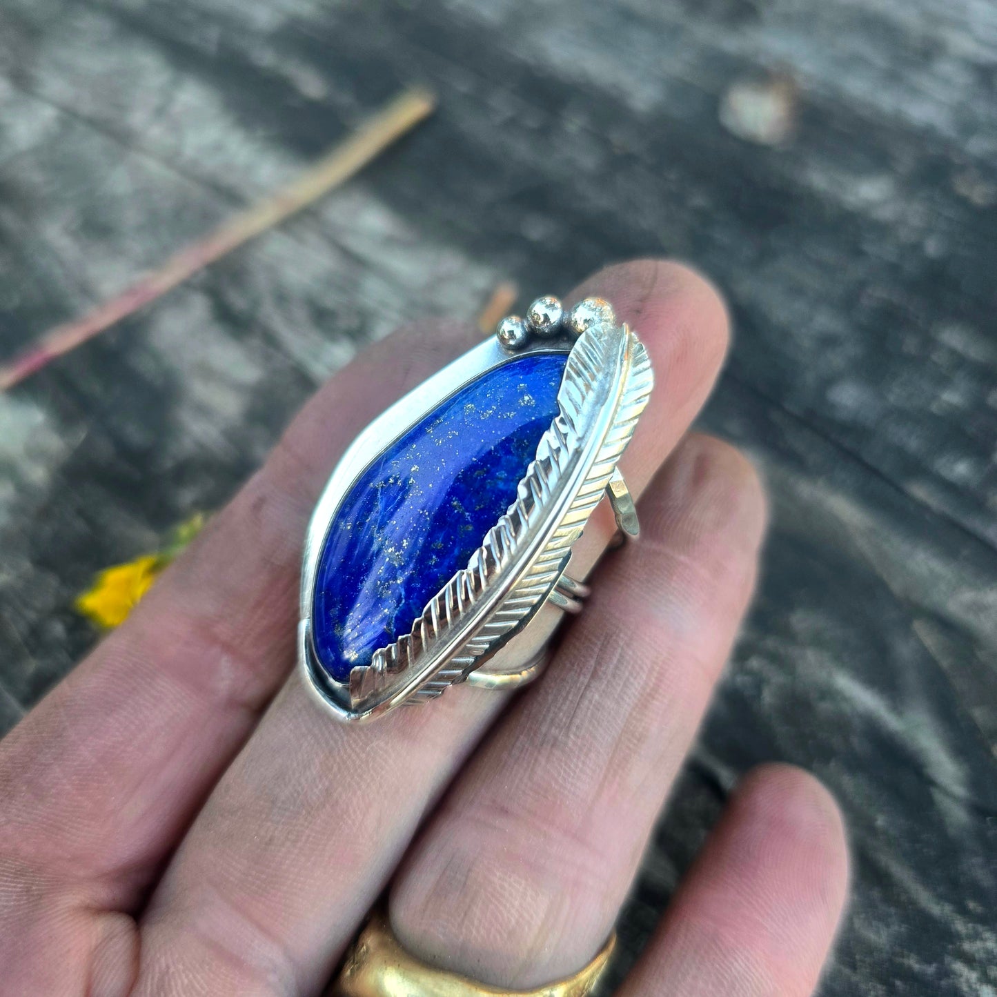 Freeform Lapis Lazuli Feather Statement Ring in Hand-Forged Sterling Silver – Size 6.75