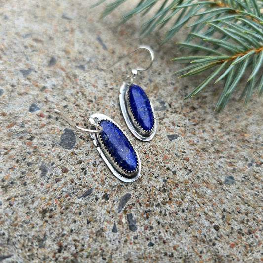 Hand-Forged Elongated Oval Lapis Sterling Silver Earrings