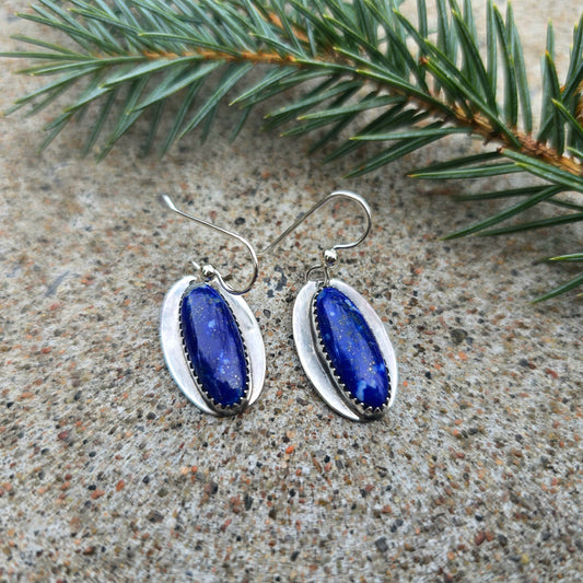 Hand-Forged Lapis Lazuli Elongated Oval Sterling Silver Earrings