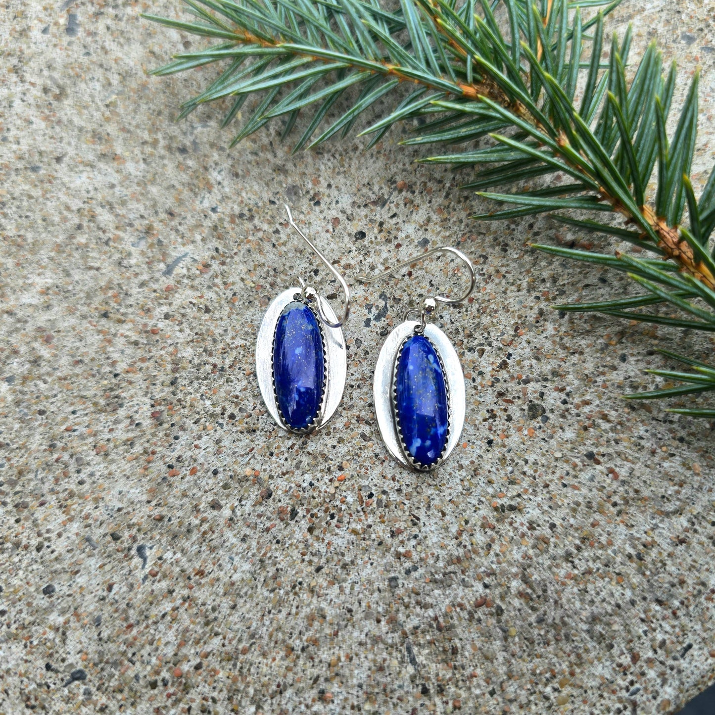 Hand-Forged Lapis Lazuli Elongated Oval Sterling Silver Earrings