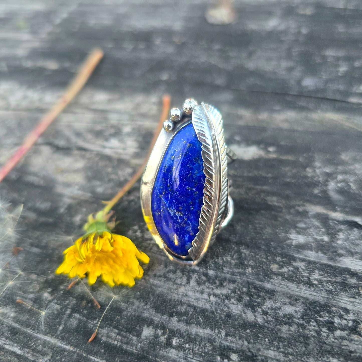 Freeform Lapis Lazuli Feather Statement Ring in Hand-Forged Sterling Silver – Size 6.75