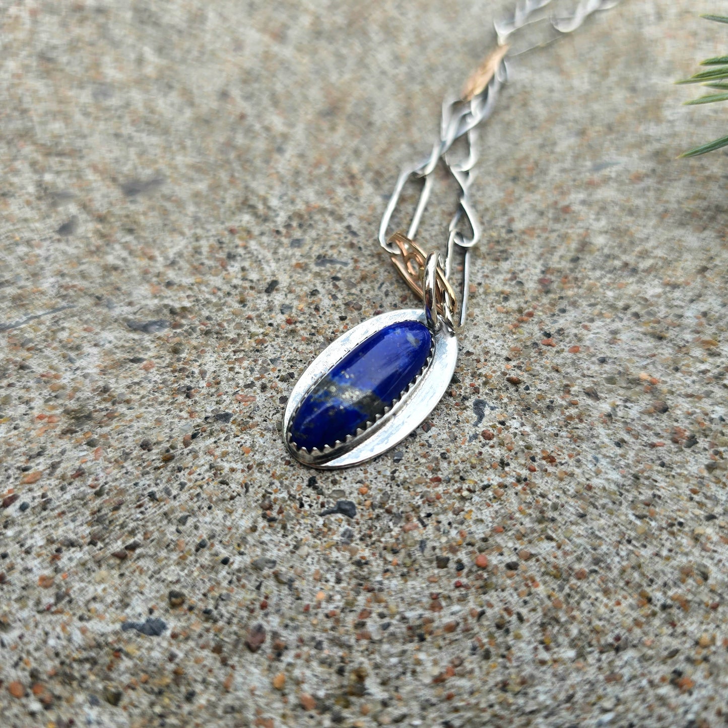 Elongated Lapis Lazuli Hand-Forged Sterling Silver Pendant