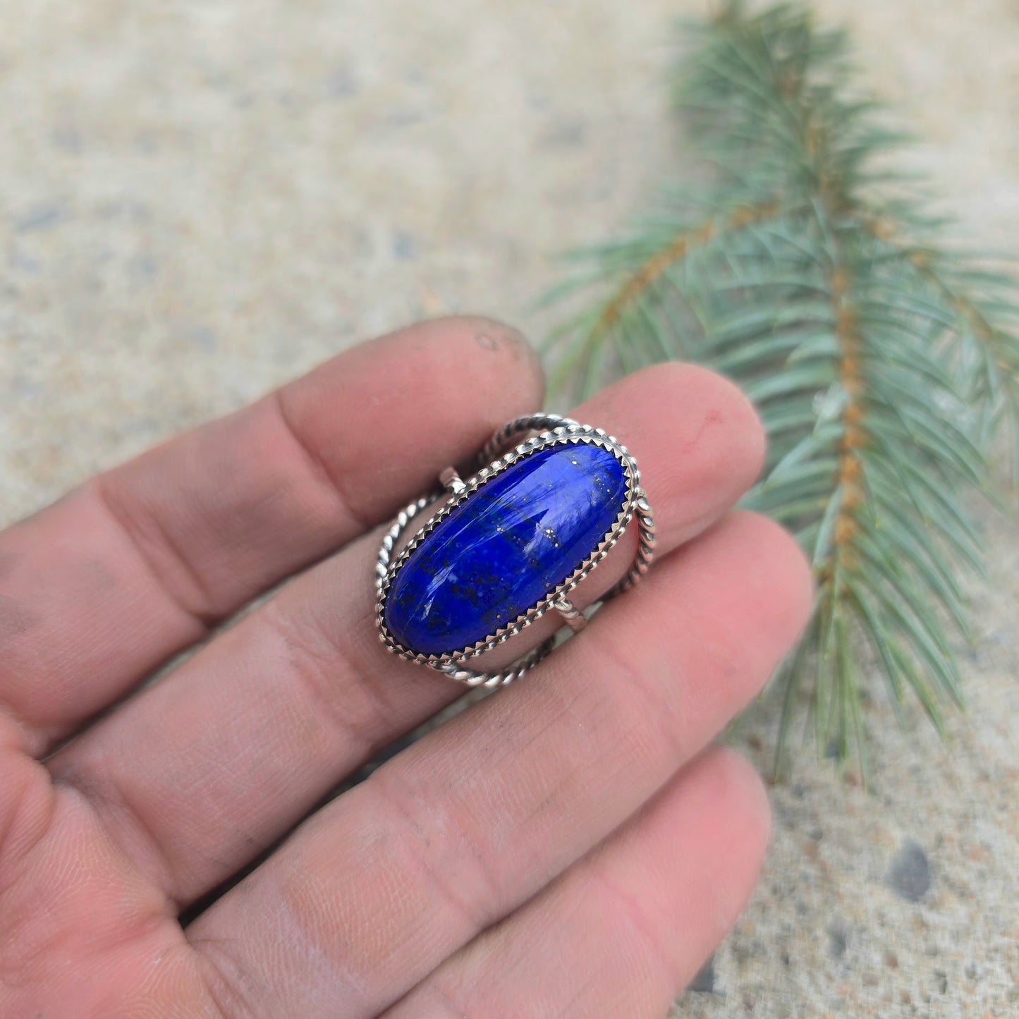 Decorative Lapis Lazuli Hand-Forged Sterling Silver Ring