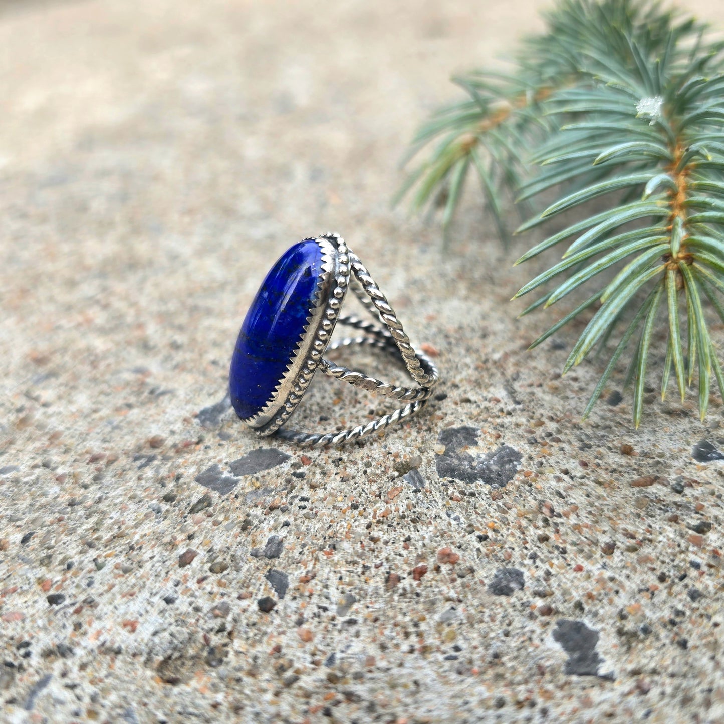 Decorative Lapis Lazuli Hand-Forged Sterling Silver Ring