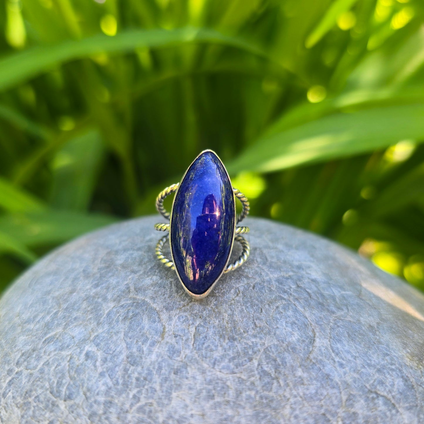 Lapis Lazuli Marquise Hand-Forged Sterling Silver Triple Shank Ring