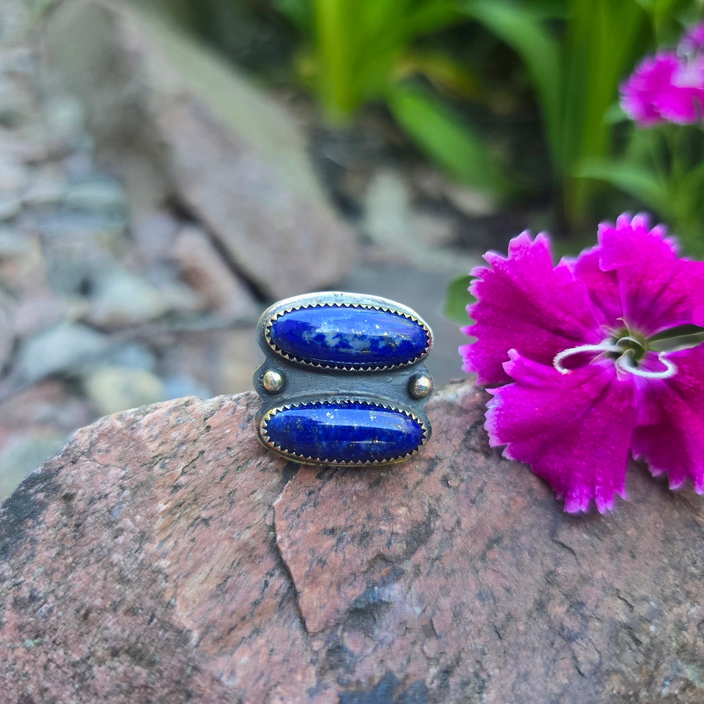 Double Lapis East West Hand-Forged Sterling Silver Ring
