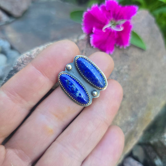 Double Lapis East West Hand-Forged Sterling Silver Ring