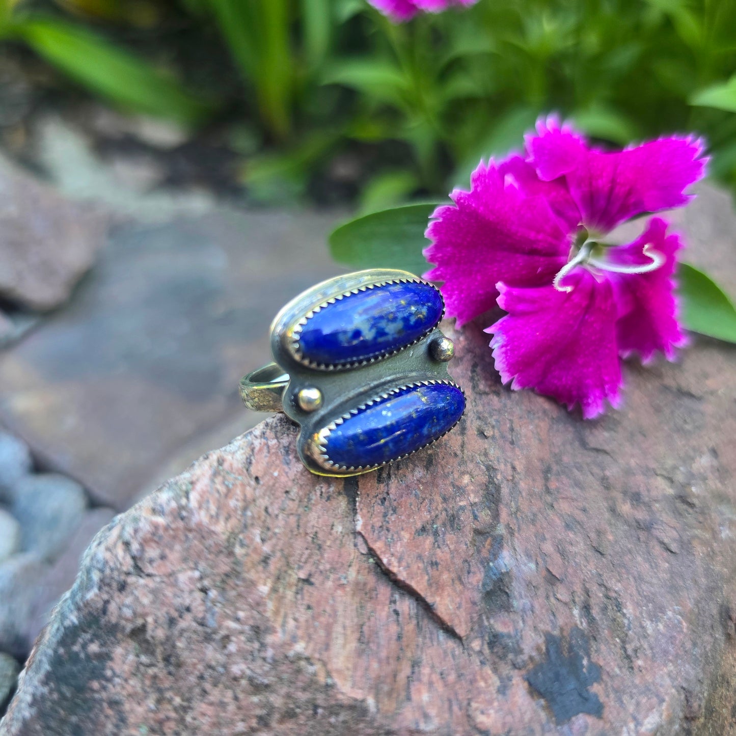 Double Lapis East West Hand-Forged Sterling Silver Ring
