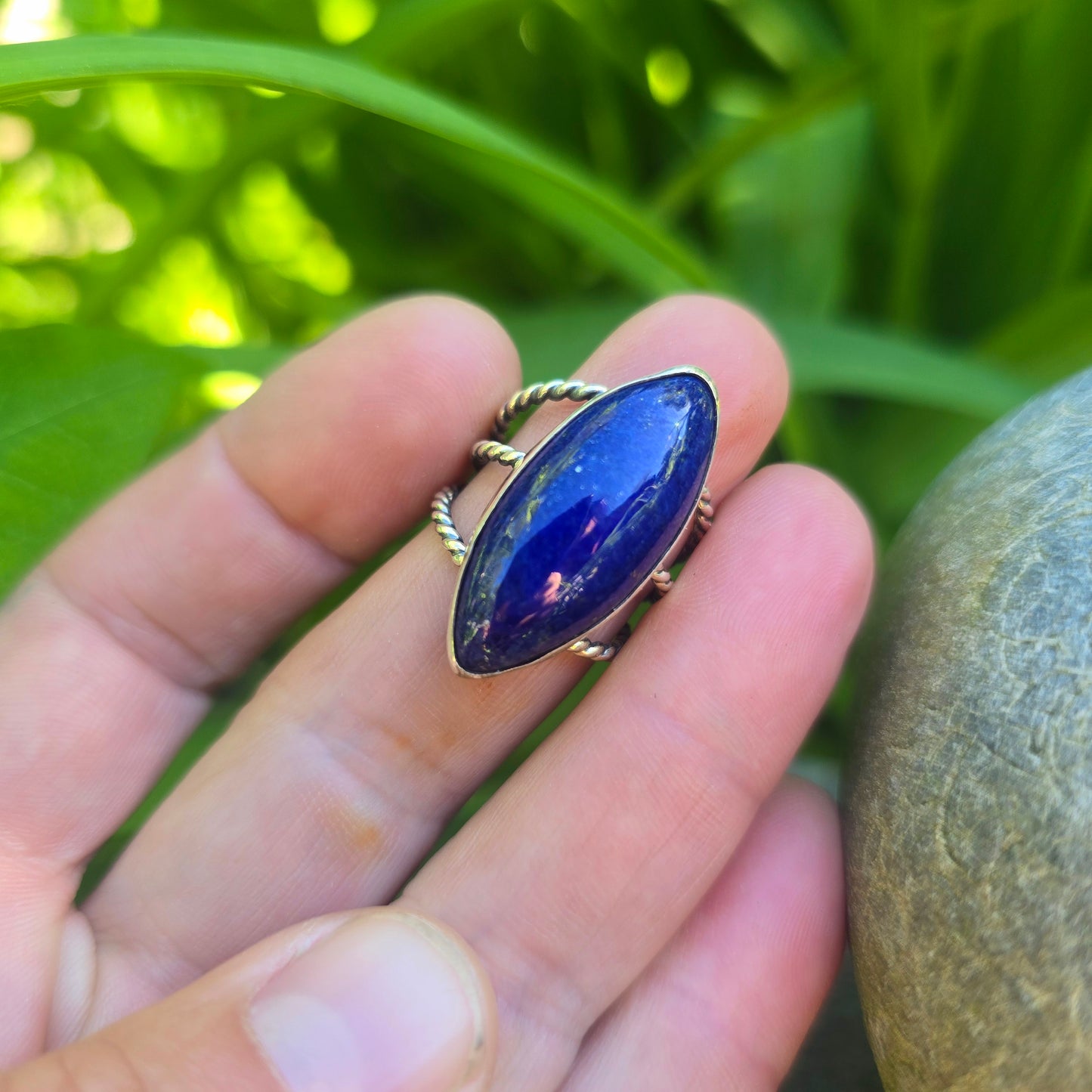 Lapis Lazuli Marquise Hand-Forged Sterling Silver Triple Shank Ring