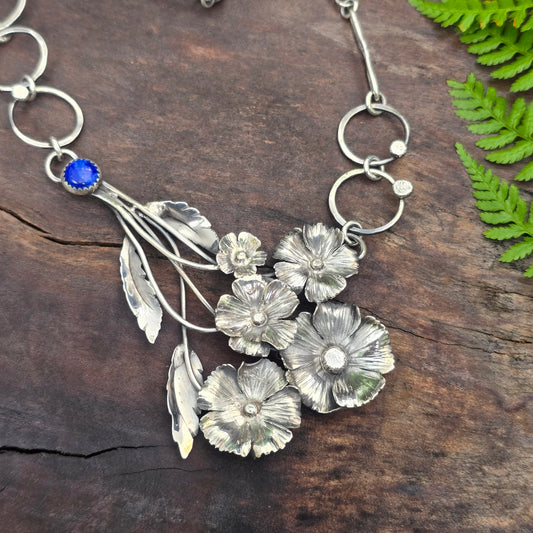 Hand-Forged Flower Bouquet Necklace with Lapis Lazuli — Sterling Silver Masterwork
