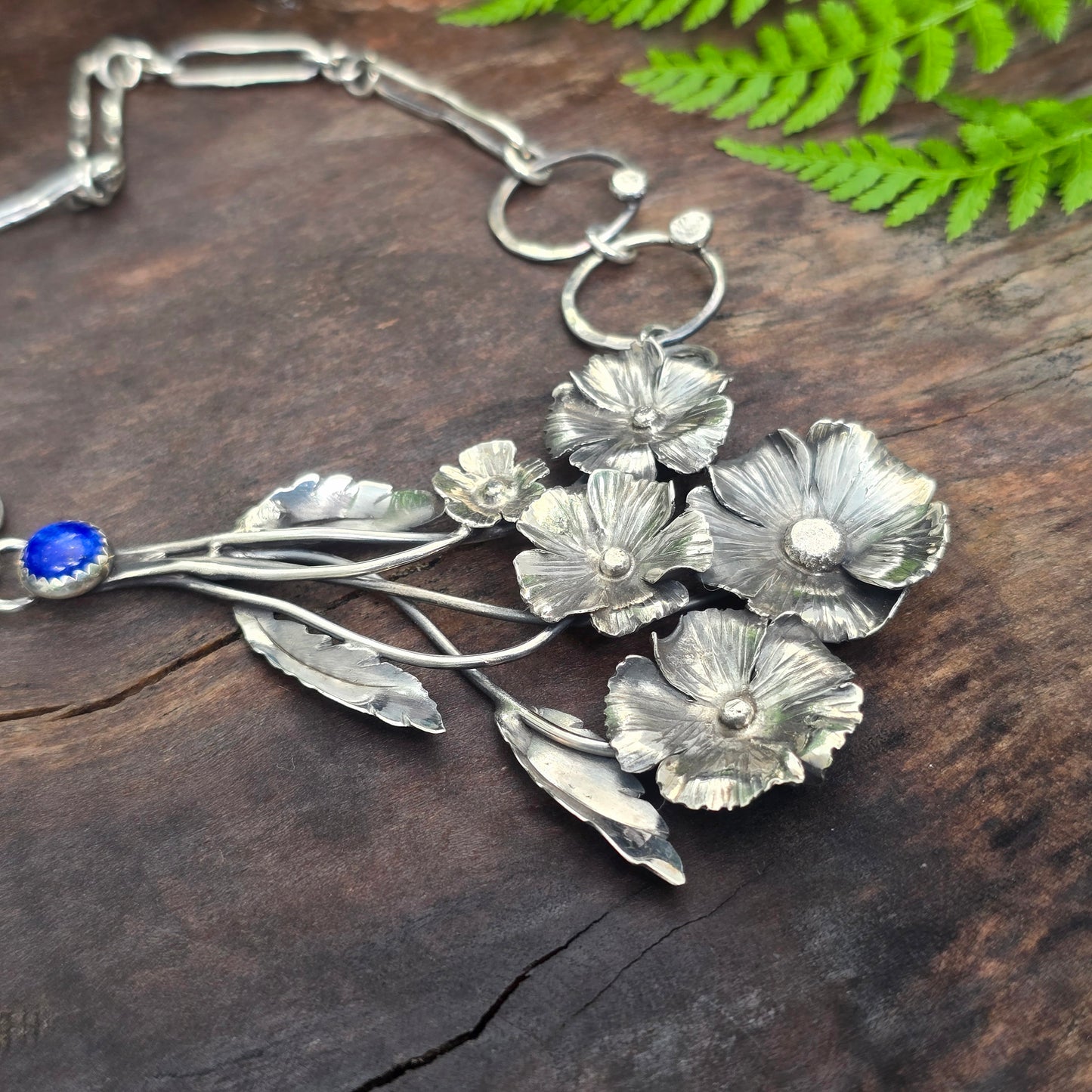 Hand-Forged Flower Bouquet Necklace with Lapis Lazuli — Sterling Silver Masterwork