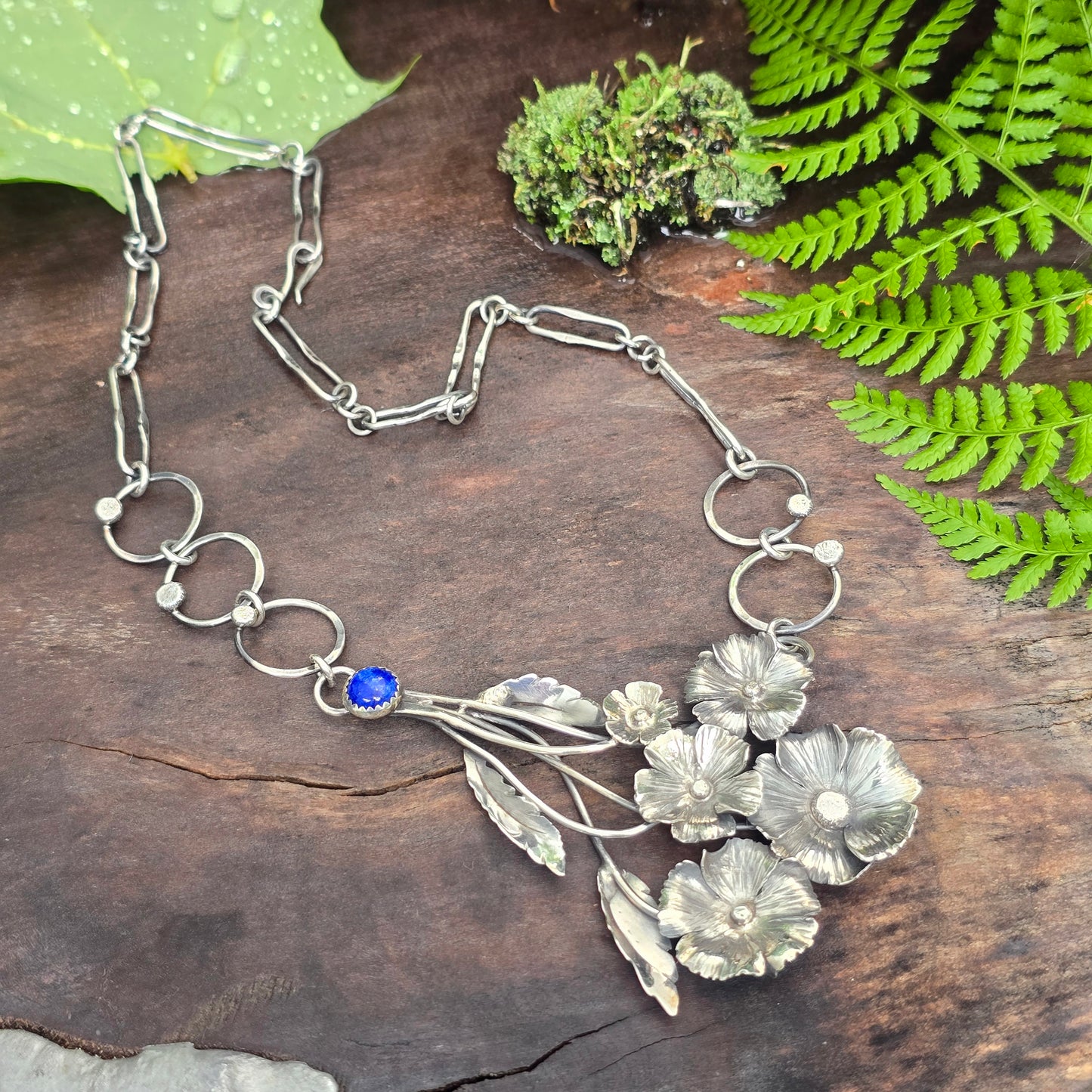 Hand-Forged Flower Bouquet Necklace with Lapis Lazuli — Sterling Silver Masterwork