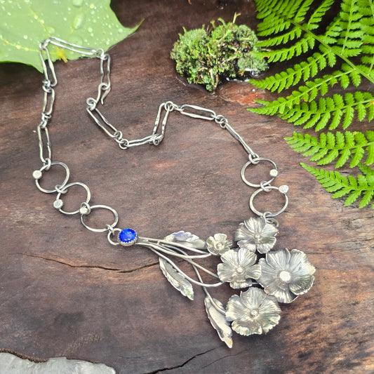 Hand-Forged Flower Bouquet Necklace with Lapis Lazuli — Sterling Silver Masterwork