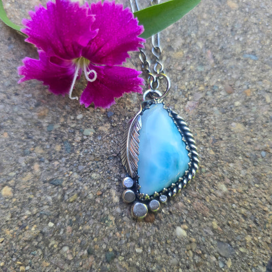 Larimar Feather & River Rock Sterling Silver Pendant