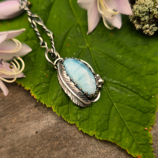 Larimar & Feather Hand-Forged Sterling Silver Pendant
