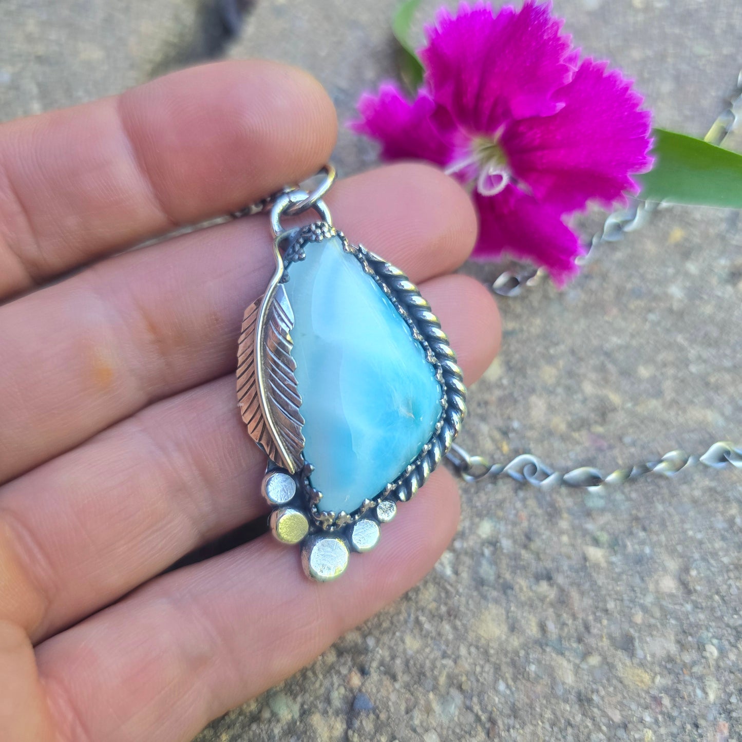 Larimar Feather & River Rock Sterling Silver Pendant